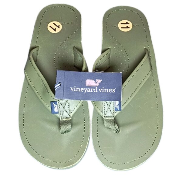NEW Vineyard Vines Men’s Size 11 Clover Green Leather Contoured Flip Flop Sandal - Picture 13 of 13